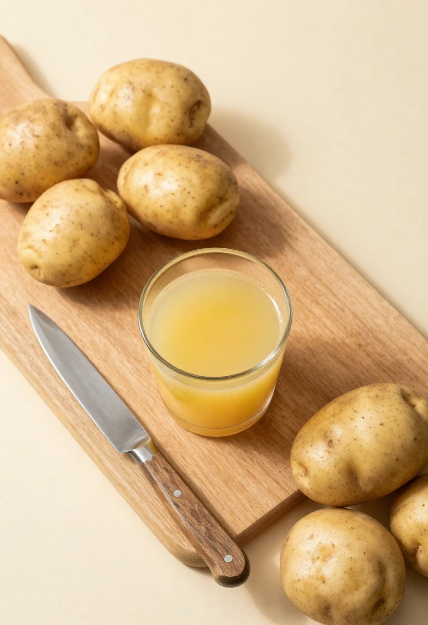 Potatoes on a wooden cutting board beside a kitchen knife and a glass of juice.
