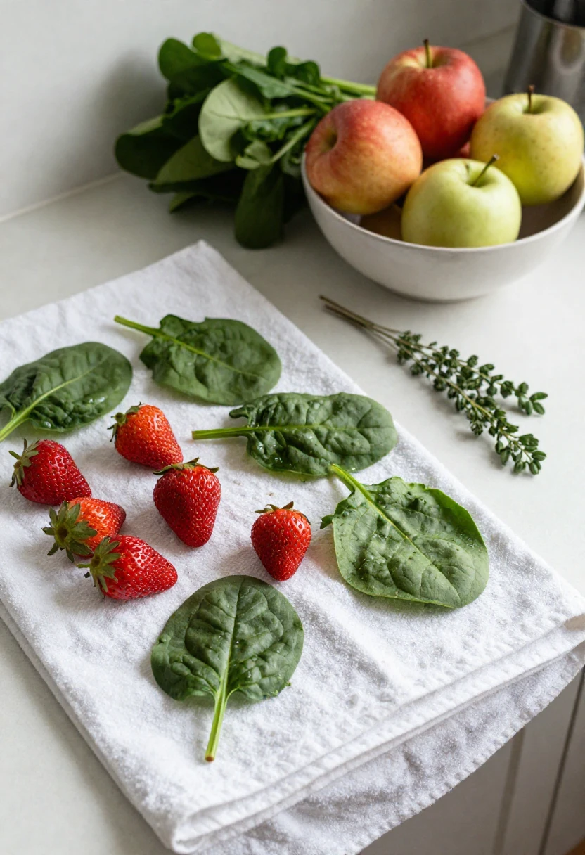Strawberries and spinach laid out on a white towel with a bowl of apples and herbs in a bright kitchen backdrop.