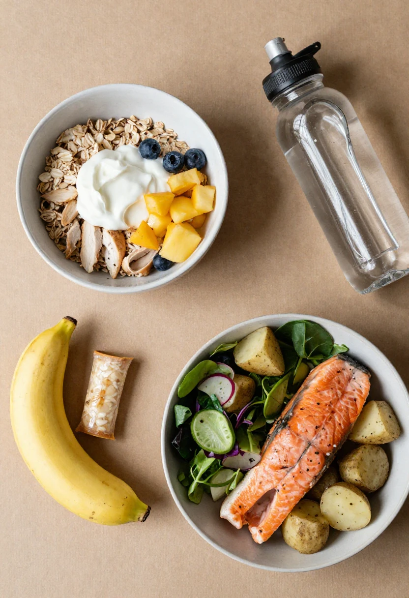 Overhead view of a yogurt-oat bowl with granola, blueberries and mango chunks, next to a water bottle on a tan surface.