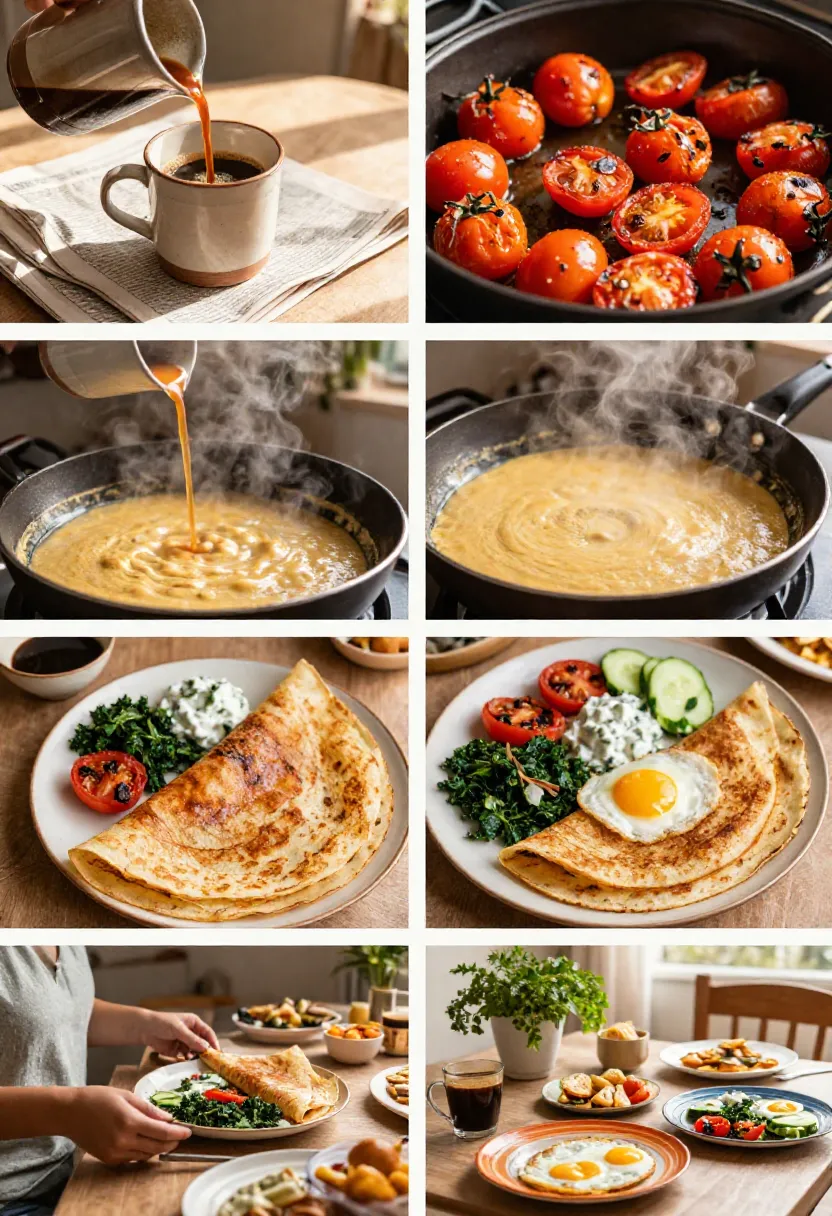Weekend brunch collage featuring dosa, coffee, and a relaxed morning atmosphere.
