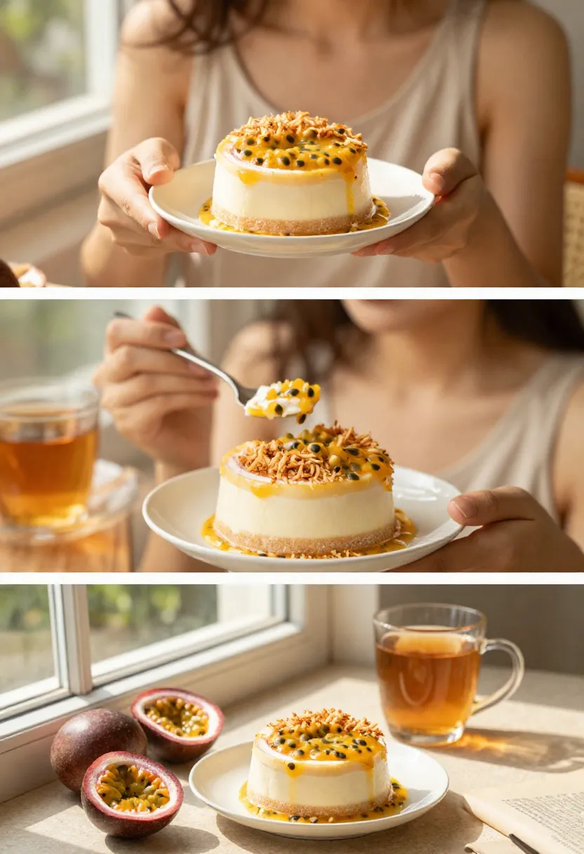 Woman enjoying a passionfruit coconut slice with tea during a warm and relaxing afternoon.