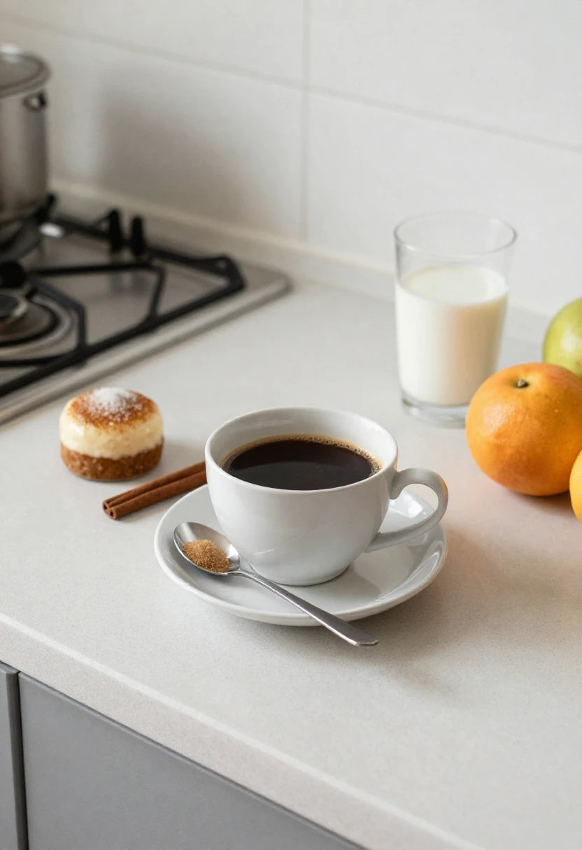 Coffee, fruit, and a small sweet treat showing a gradual approach to reducing sugar.