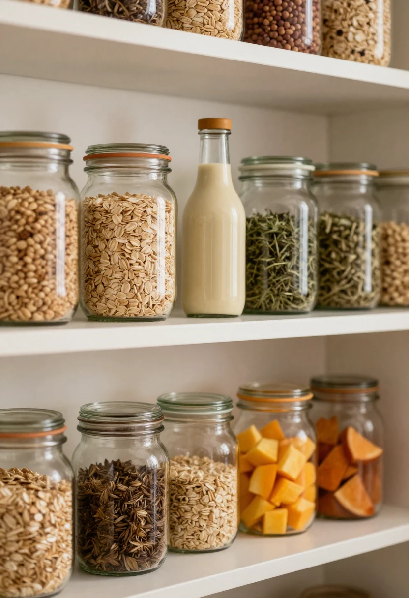 Reused glass jars and bottles storing pantry foods, herbs, fruit, and dressing.