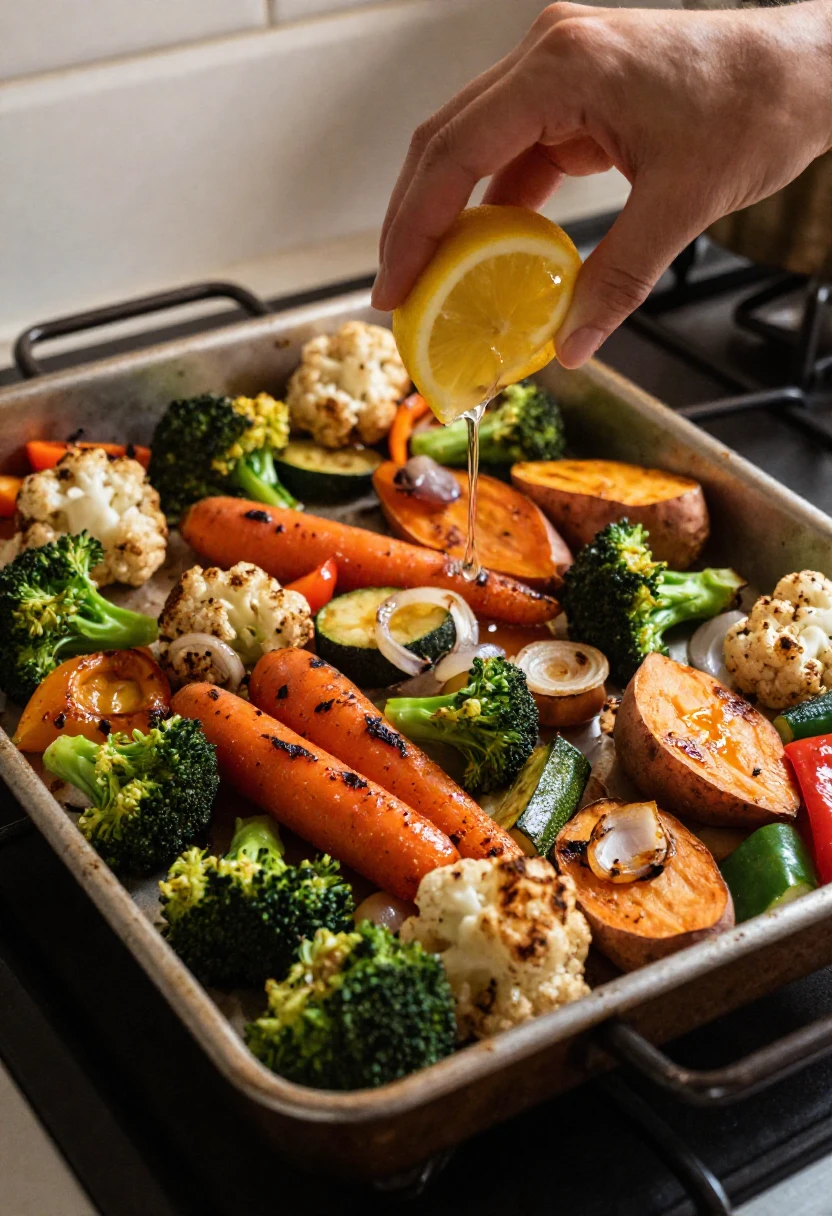 Roasted vegetables with browned edges and lemon juice for better flavor.