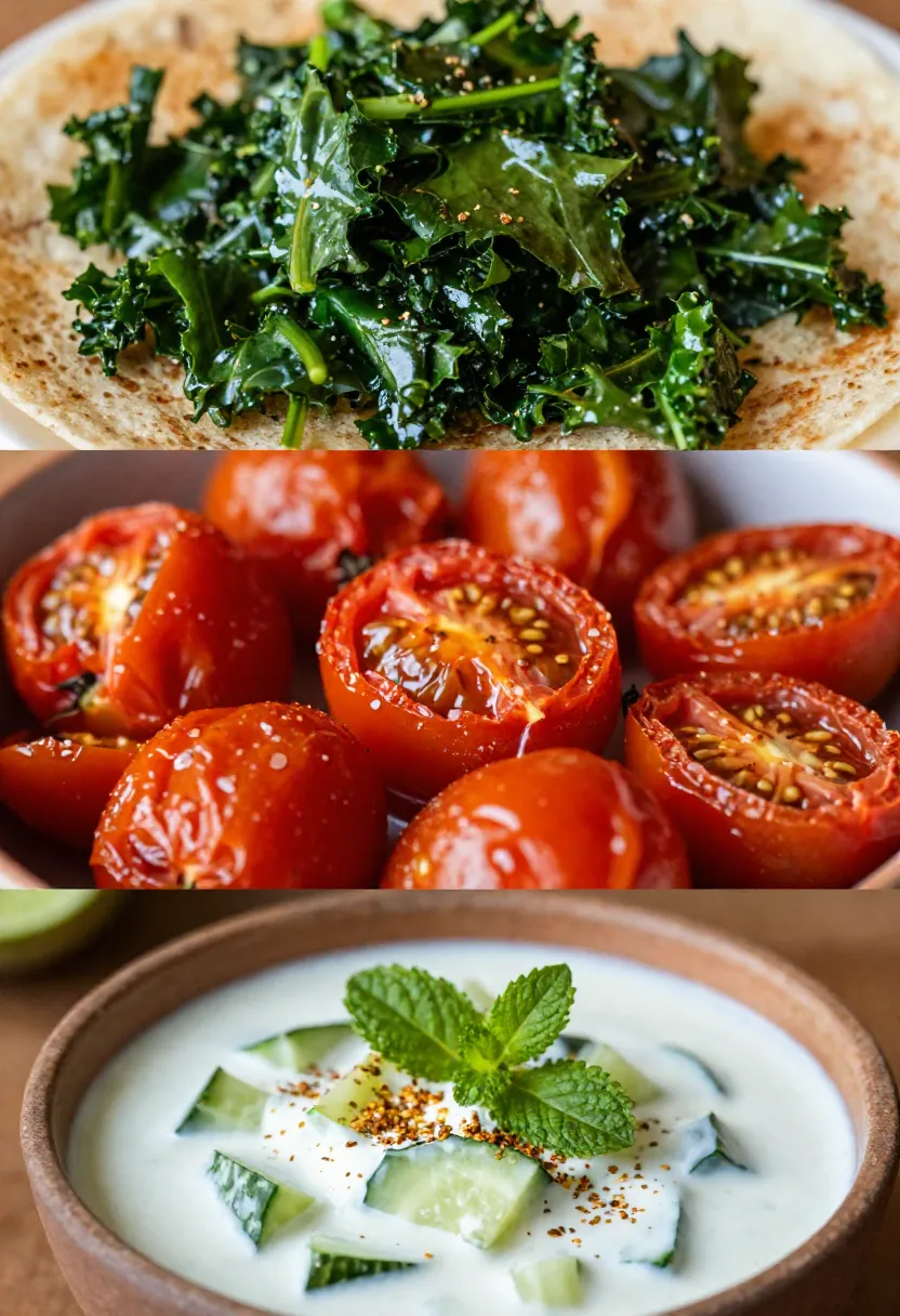 Kale, roasted tomatoes, and cucumber raita ingredients for homemade dosa.