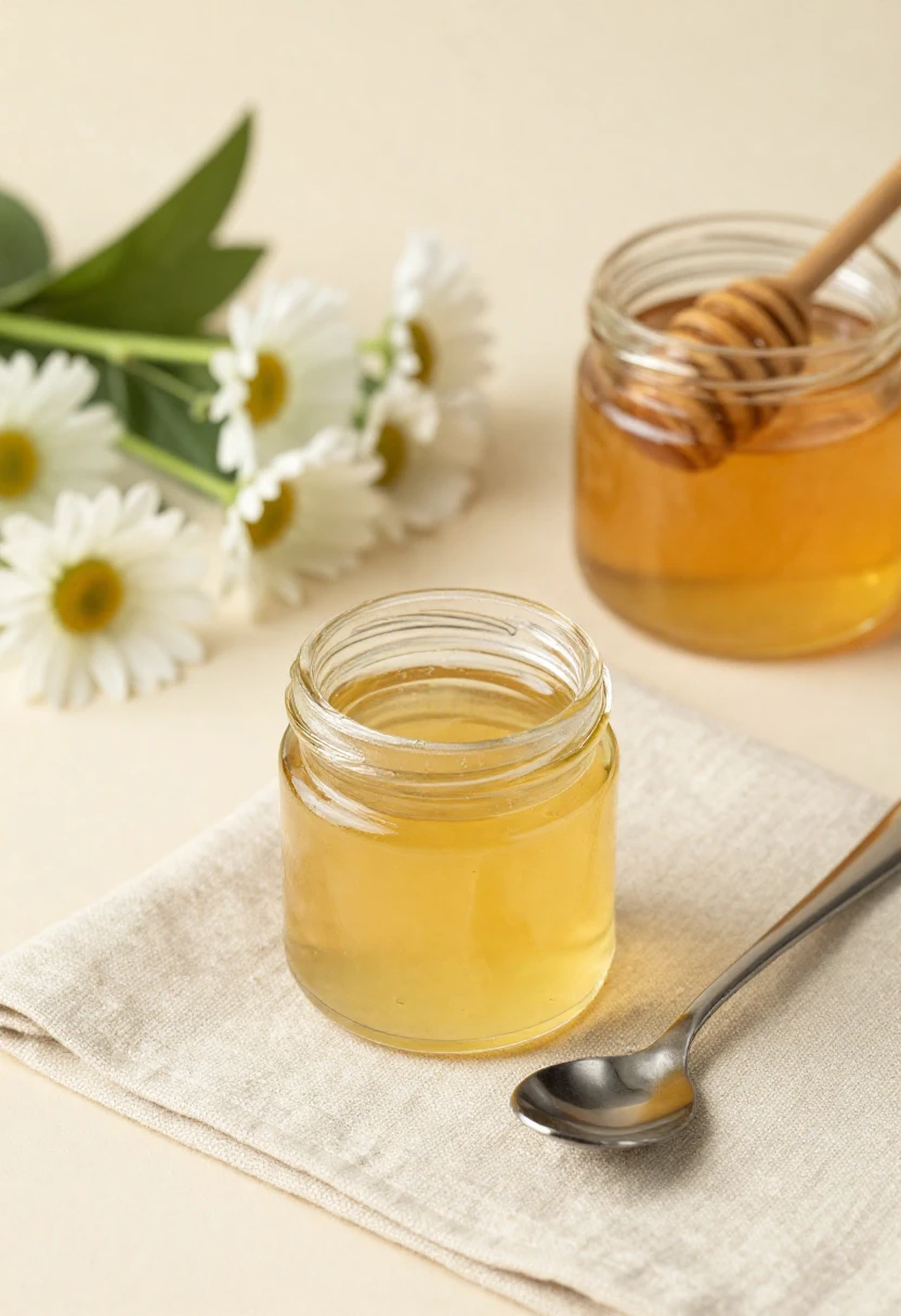 Small jar of royal jelly with honey and a spoon in a calm wellness setting.