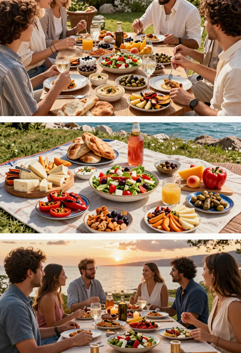 Three-frame collage showing people enjoying Mediterranean salad alongside a variety of appetizers, breads, dips, and shared Mediterranean dishes at outdoor gatherings.