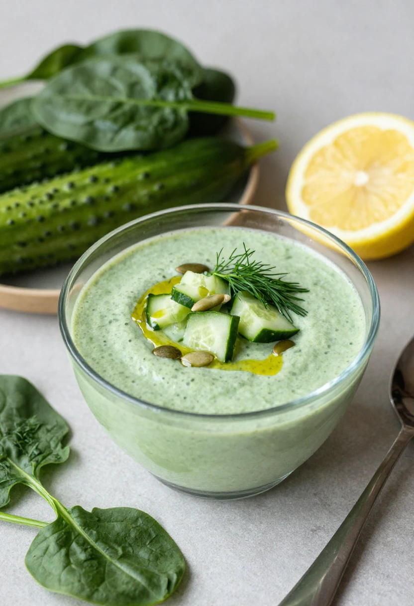 Green cucumber-dill smoothie soup in a glass bowl, topped with cucumber cubes, dill, pumpkin seeds, and olive oil drizzle; lemon and greens in the background.