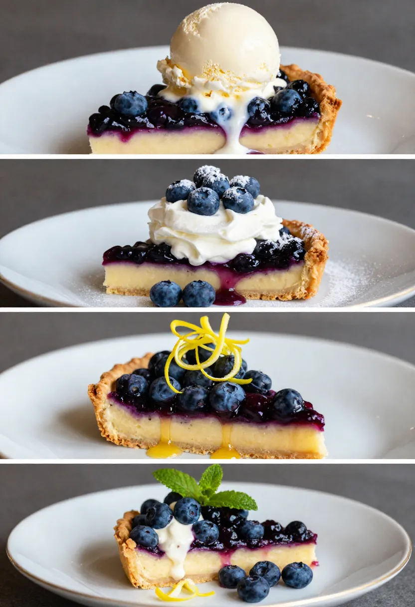 Four different ways to serve blueberry tart with ice cream, whipped cream, lemon glaze, and mascarpone cream.