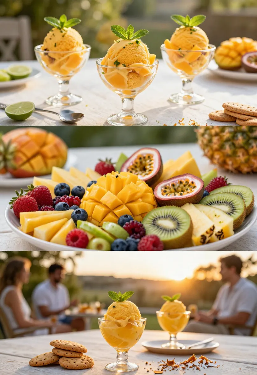 Three-scene collage showing mango sorbet served with fresh fruit, elegant summer desserts, and relaxed outdoor dining.
