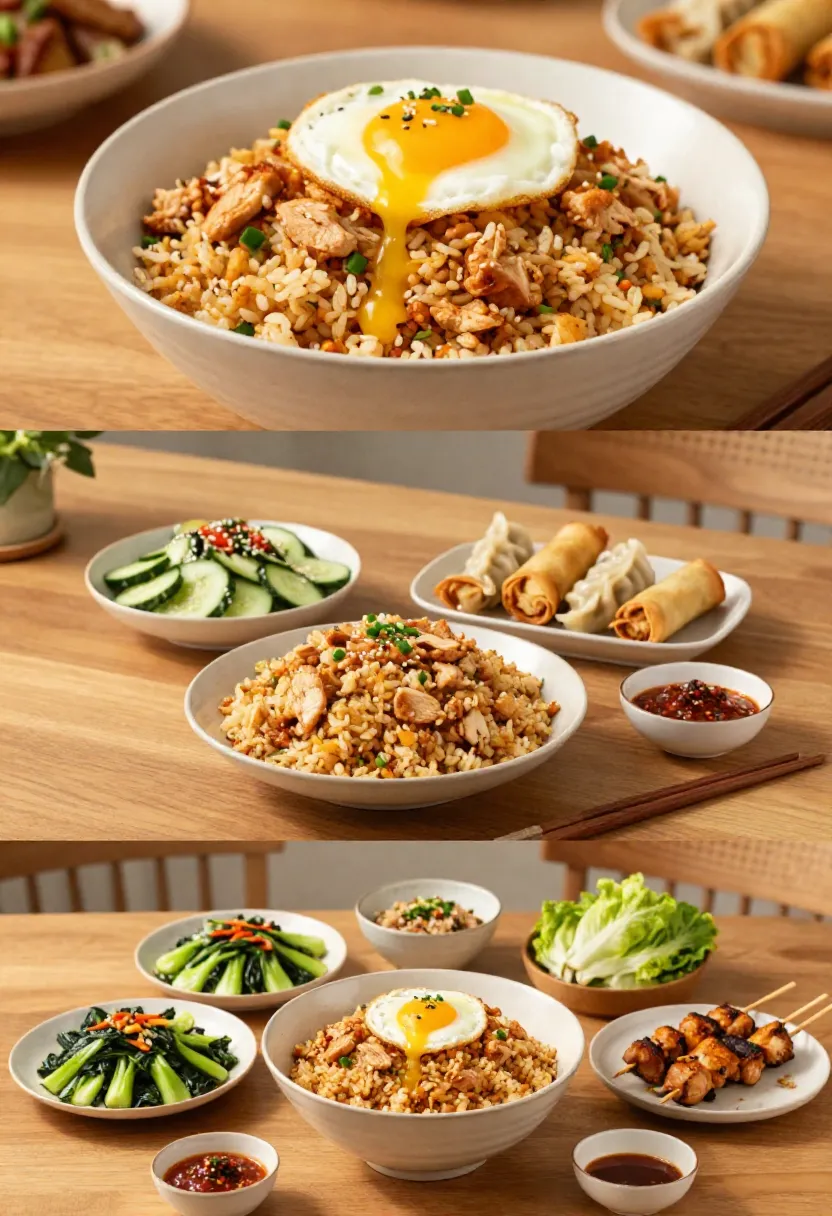 Chicken fried rice served with fried egg, spring rolls, dumplings, fresh salad, and Asian-inspired side dishes.