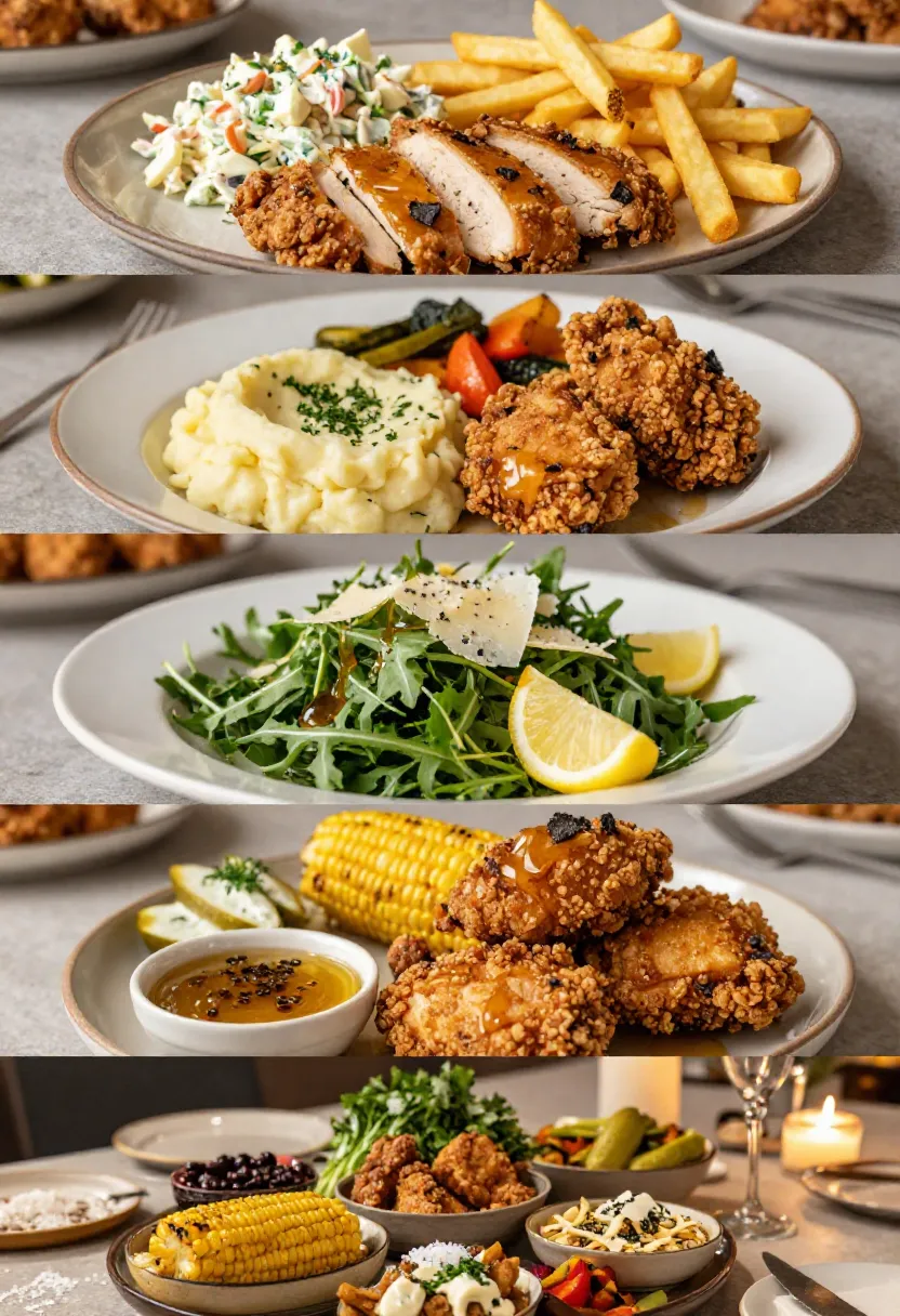 Truffle honey fried chicken served with fries, coleslaw, mashed potatoes, fresh salad, roasted vegetables, and grilled corn.