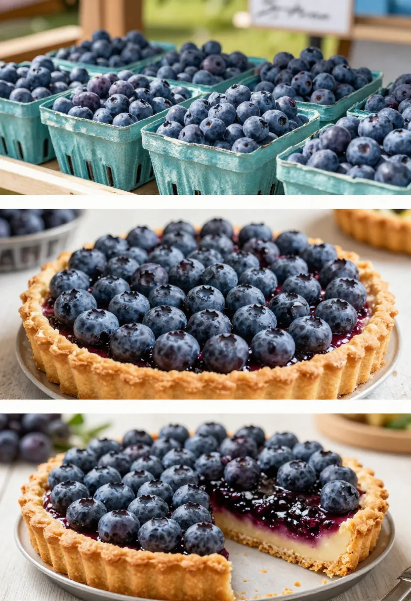 Three-frame collage showing fresh blueberries, an unbaked tart, and a finished blueberry tart during berry season.