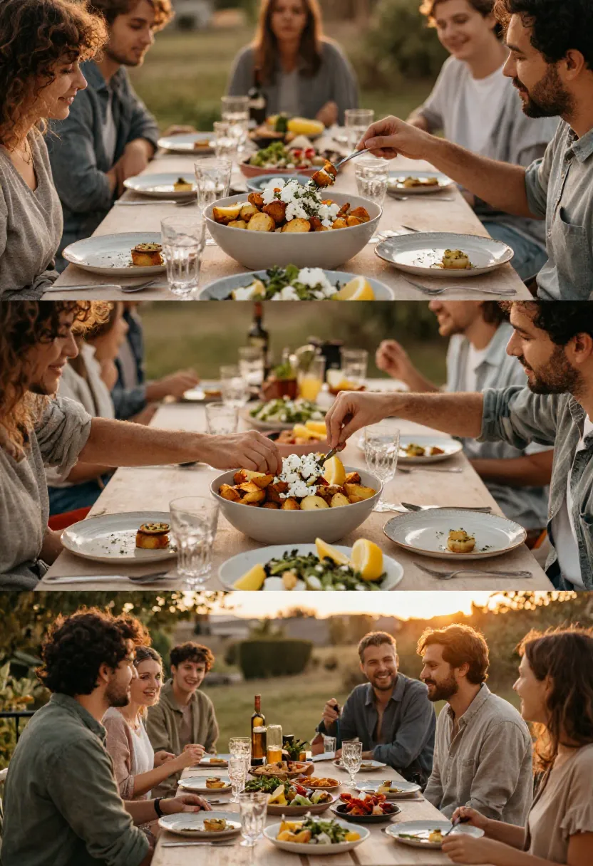 People enjoying roast potatoes with feta and lemon during warm family meals and gatherings.