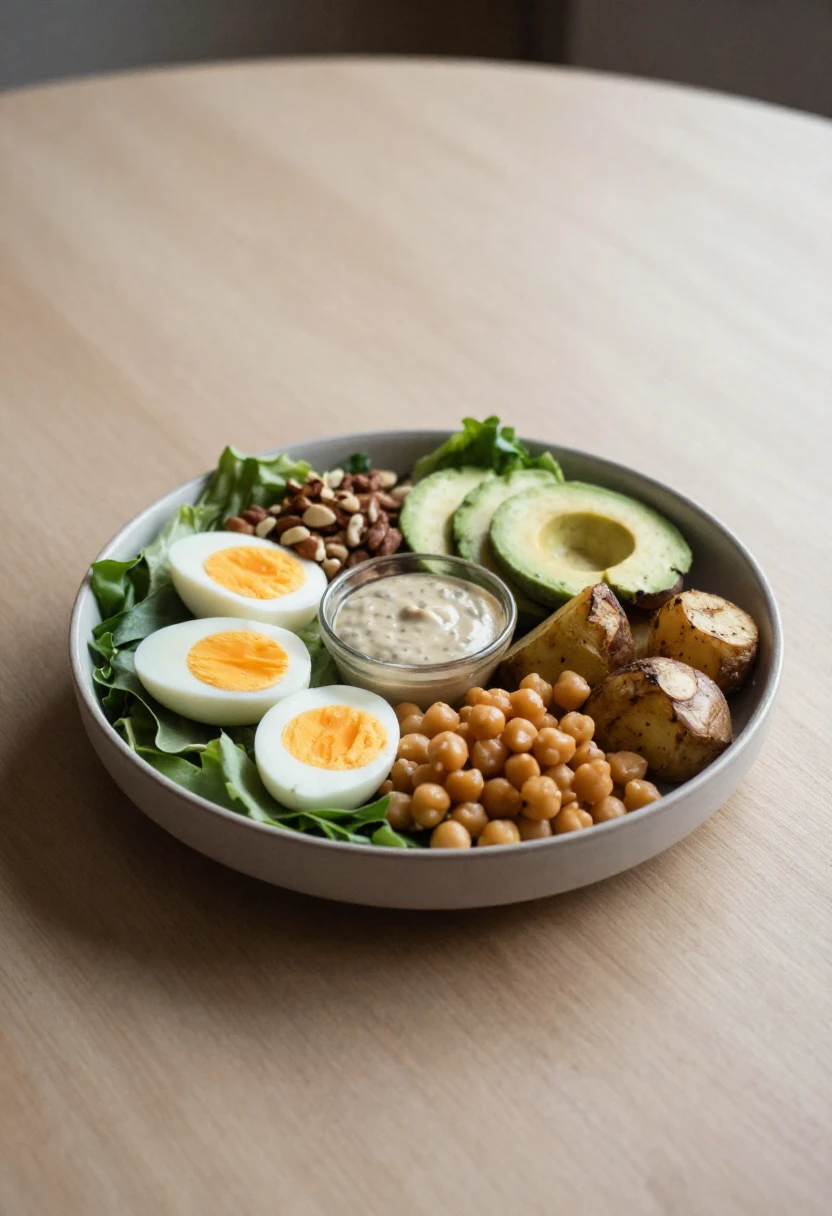 A plain salad with filling additions like eggs, chickpeas, avocado, potatoes, nuts, and dressing.