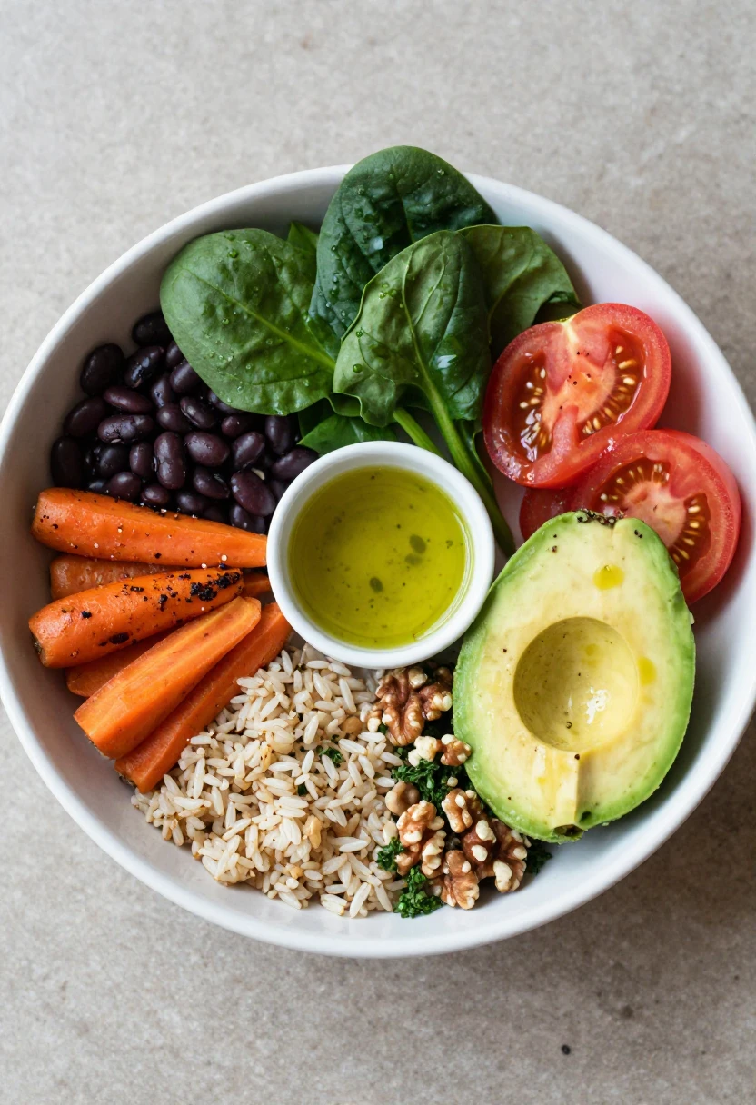 A balanced antioxidant-rich meal bowl with colorful vegetables, beans, grains, healthy fats, herbs, and lemon dressing.