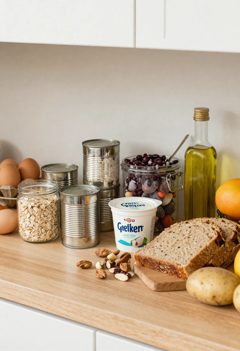 Practical healthy kitchen staples including eggs, oats, beans, yogurt, vegetables, bread, fruit, and olive oil.