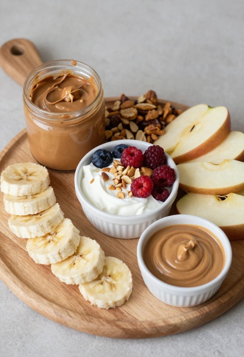Simple peanut snack ideas with banana, yogurt, berries, apple slices, trail mix, and peanut sauce.