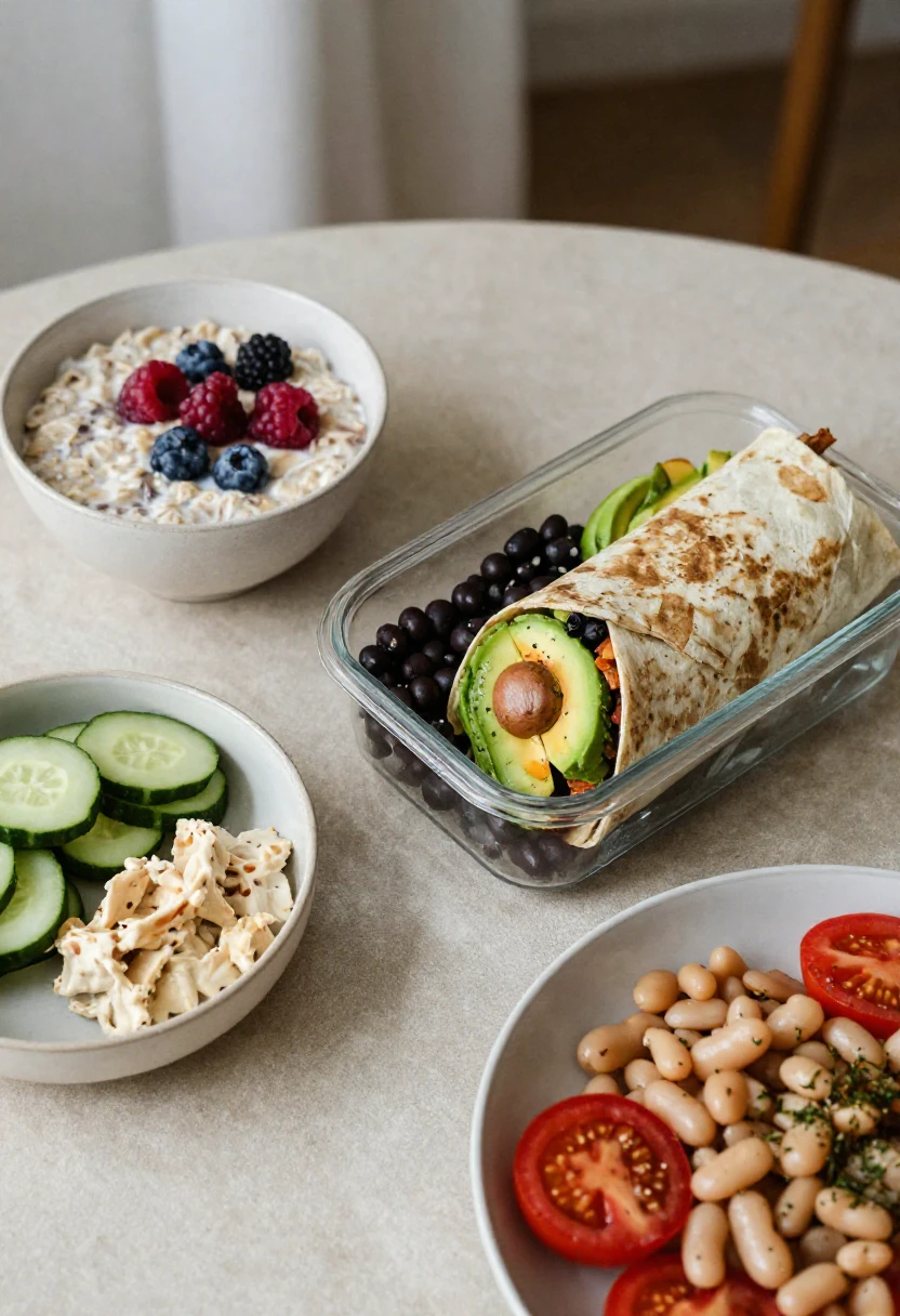 Simple summer day of eating with oats, berries, bean wrap, cucumber snack, and white bean salad.