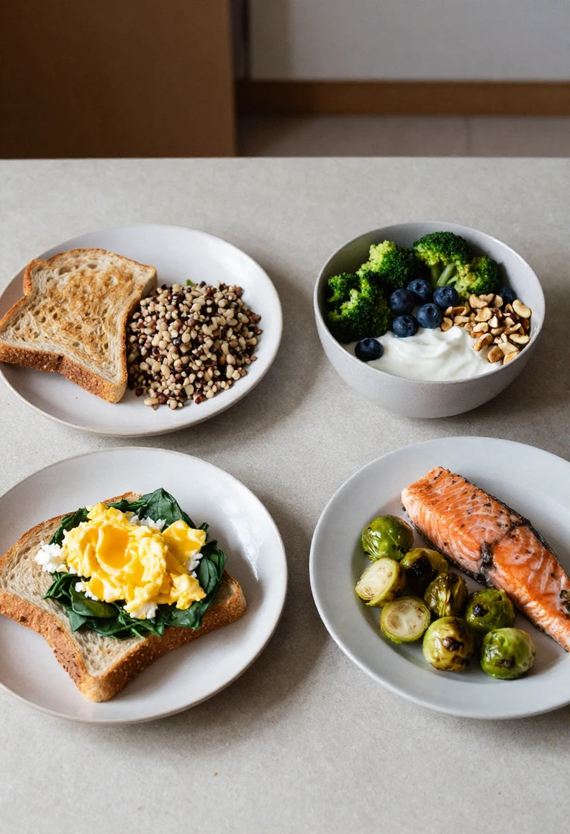 Simple vitamin K meal plan with spinach eggs, broccoli grain bowl, yogurt with blueberries, and salmon with Brussels sprouts.
