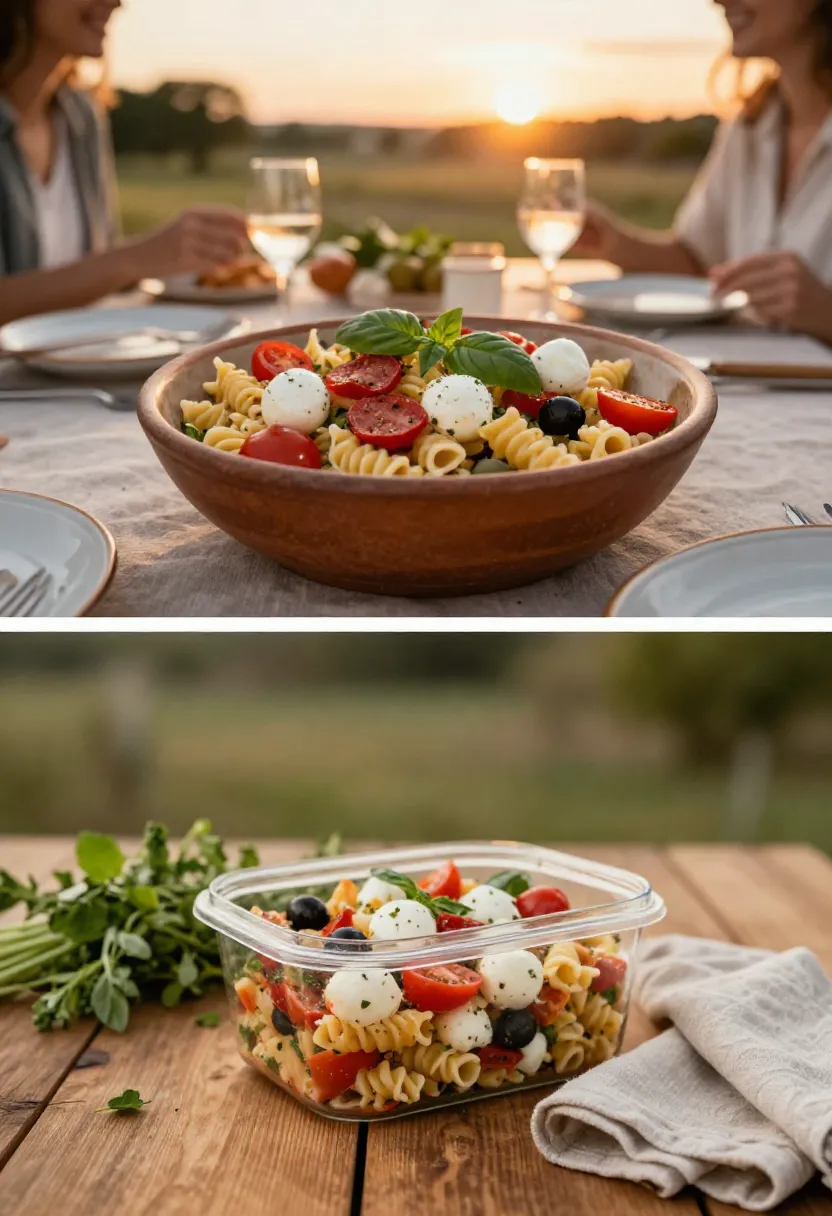 Vertical two-frame collage showing pizza pasta salad at a summer gathering and enjoyed again as leftovers the next day.