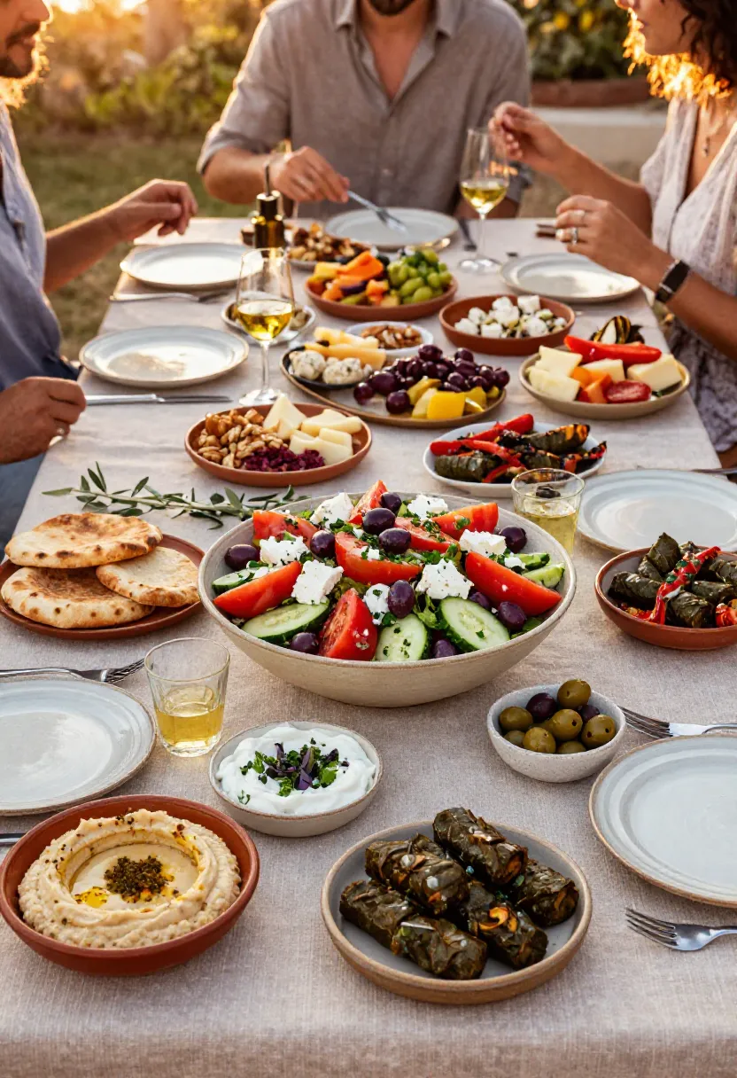 Mediterranean salad served as the centerpiece of a richly filled outdoor table surrounded by appetizers, bread, dips, vegetables, and shared Mediterranean dishes.