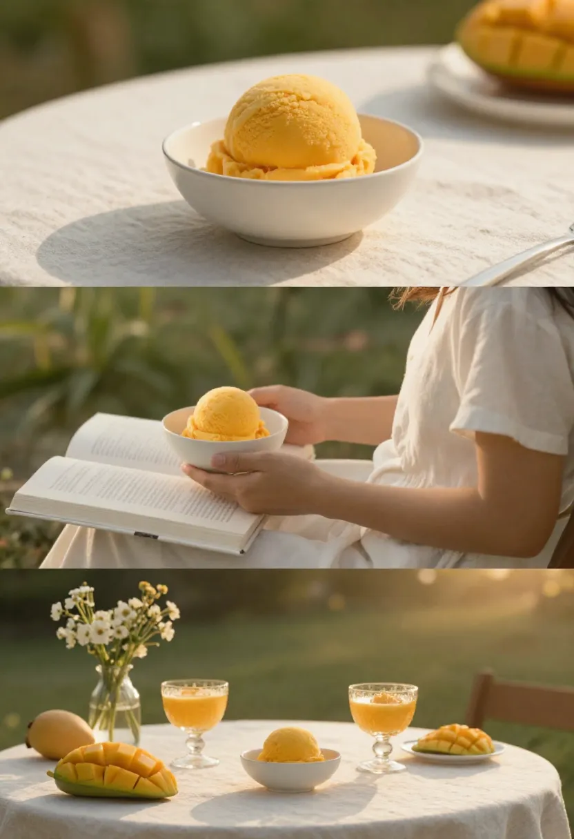 Three-scene collage highlighting the simple beauty of mango sorbet through minimalist presentation and relaxed summer moments.