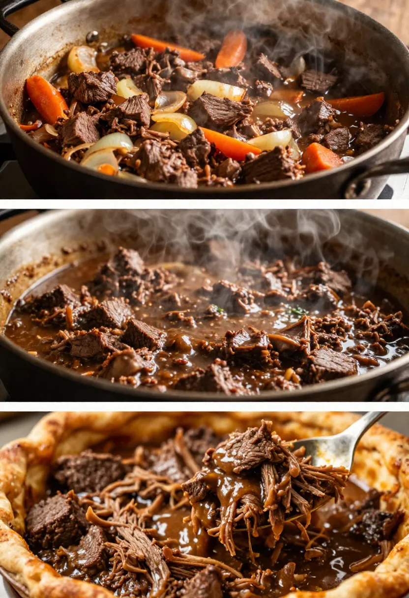 Three-panel collage showing beef stew cooking: 1) beef chunks with carrots and onions browning in a pan; 2) braising with steam and rich liquid; 3) a fork lifting tender, shredded beef from a crusty surface covered in sauce.