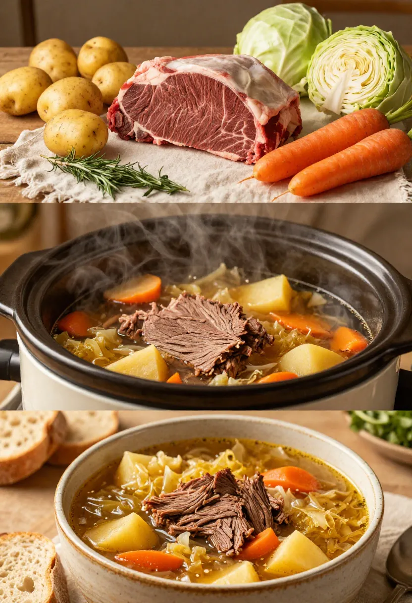Three-panel collage showing corned beef, vegetables, slow cooking, and the finished corned beef and cabbage soup.