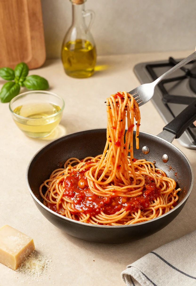 Spaghetti tossed in tomato sauce in a pan with pasta water and Parmesan nearby.