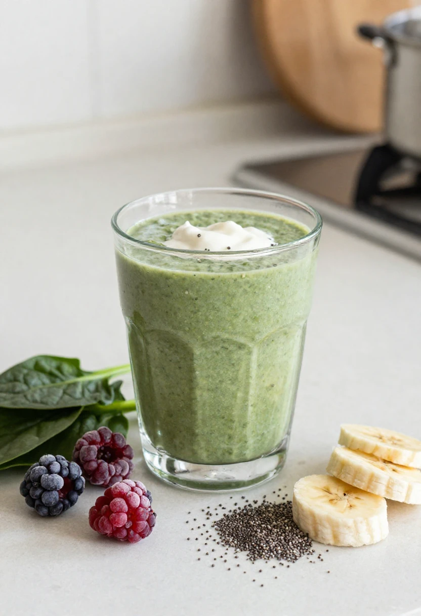Fruit and vegetable smoothie made with berries, spinach, yogurt, and seeds.