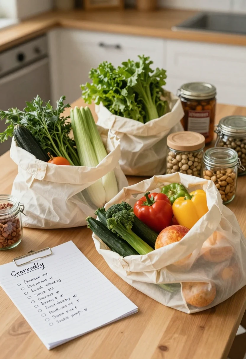 Reusable grocery bags with seasonal produce and pantry staples for sustainable shopping.