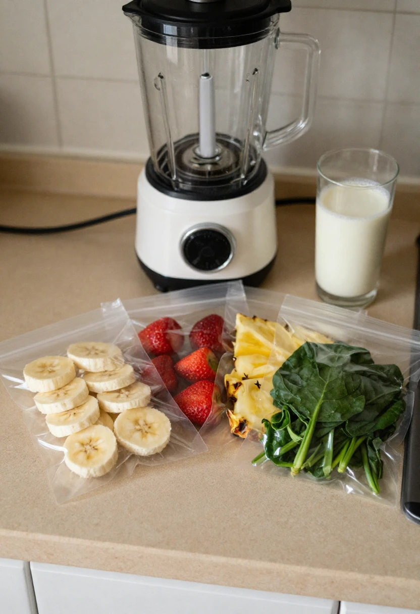 Countertop setup for a smoothie: blender, a glass of milk, and bags with banana slices, strawberries, pineapple chunks, and greens.