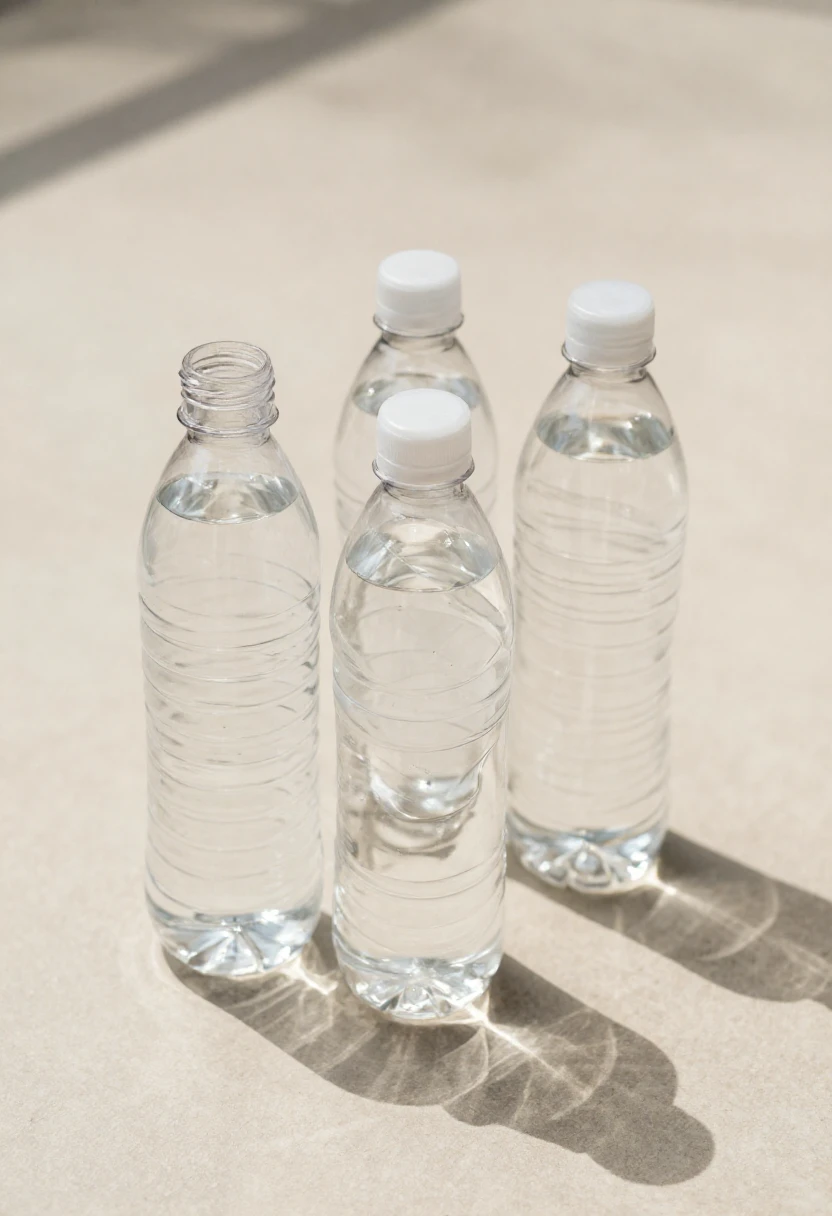 Clear water bottles placed in sunlight for solar water disinfection