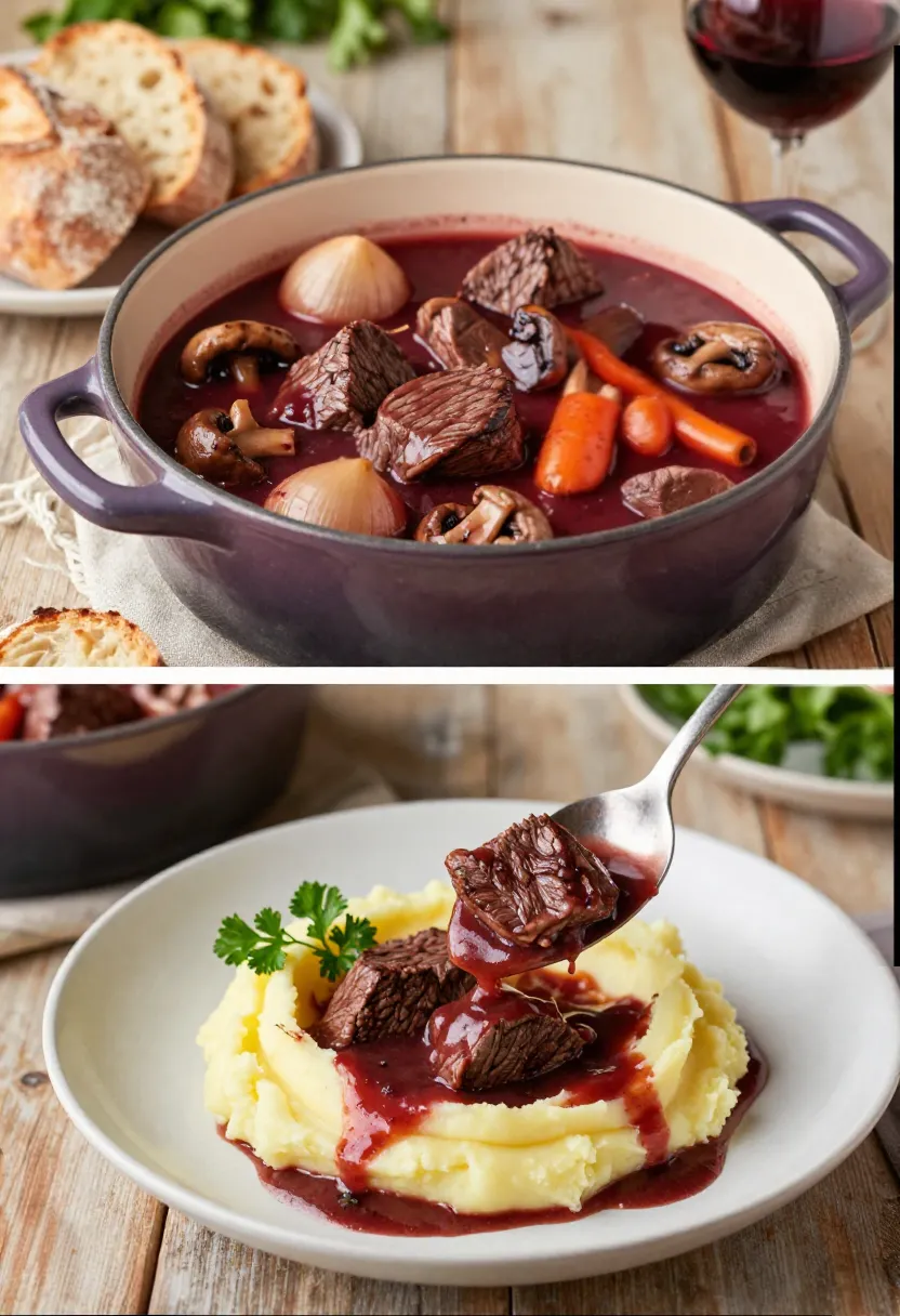 Beef stew with chunks of meat, onions, and carrots in a purple pot on a wooden table, with bread and wine nearby (top image). Beef and gravy served over creamy mashed potatoes, garnished with parsley (bottom image).