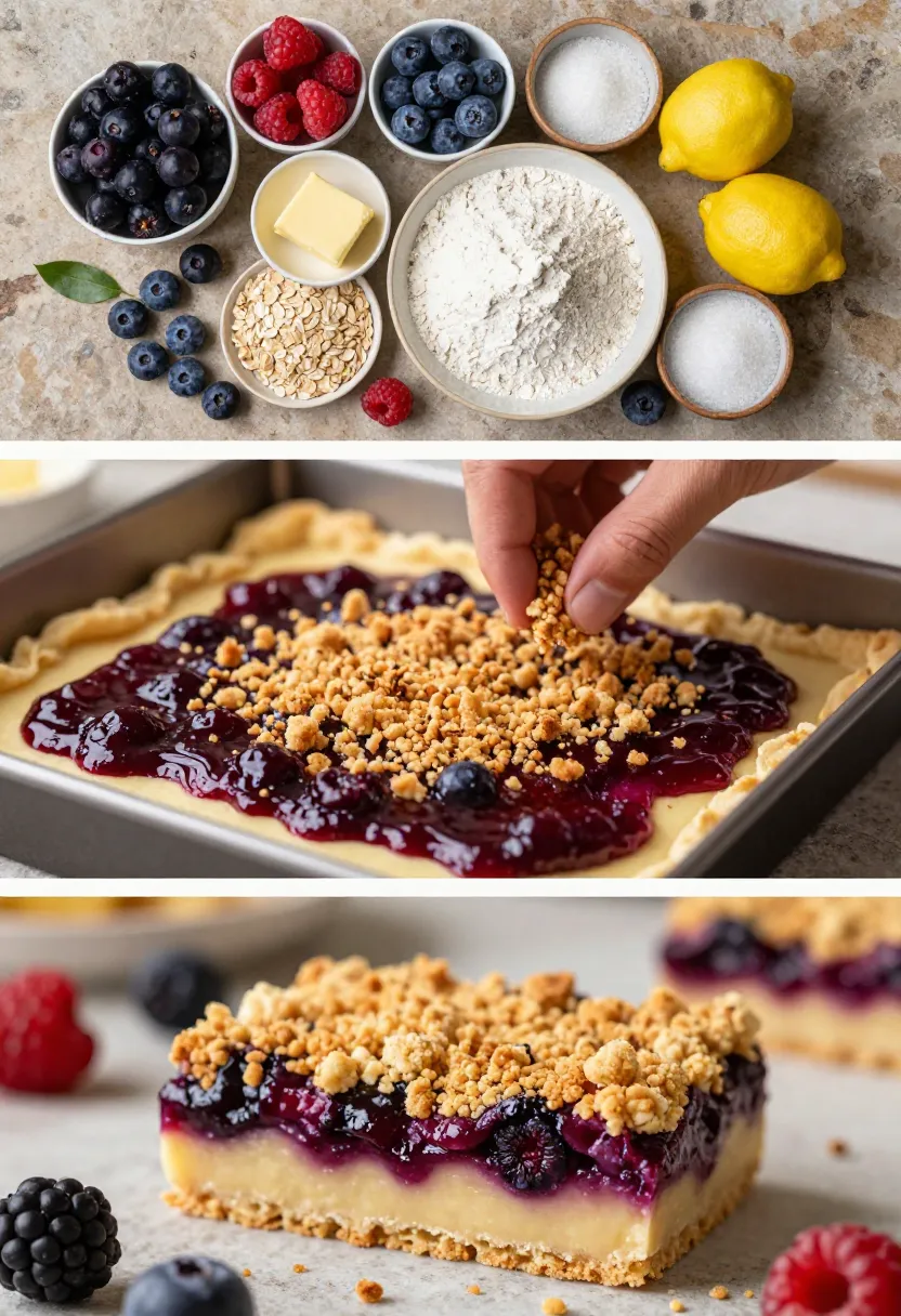 Three-frame collage showing the ingredients, assembly process, and finished layers of homemade jamun berry bars.