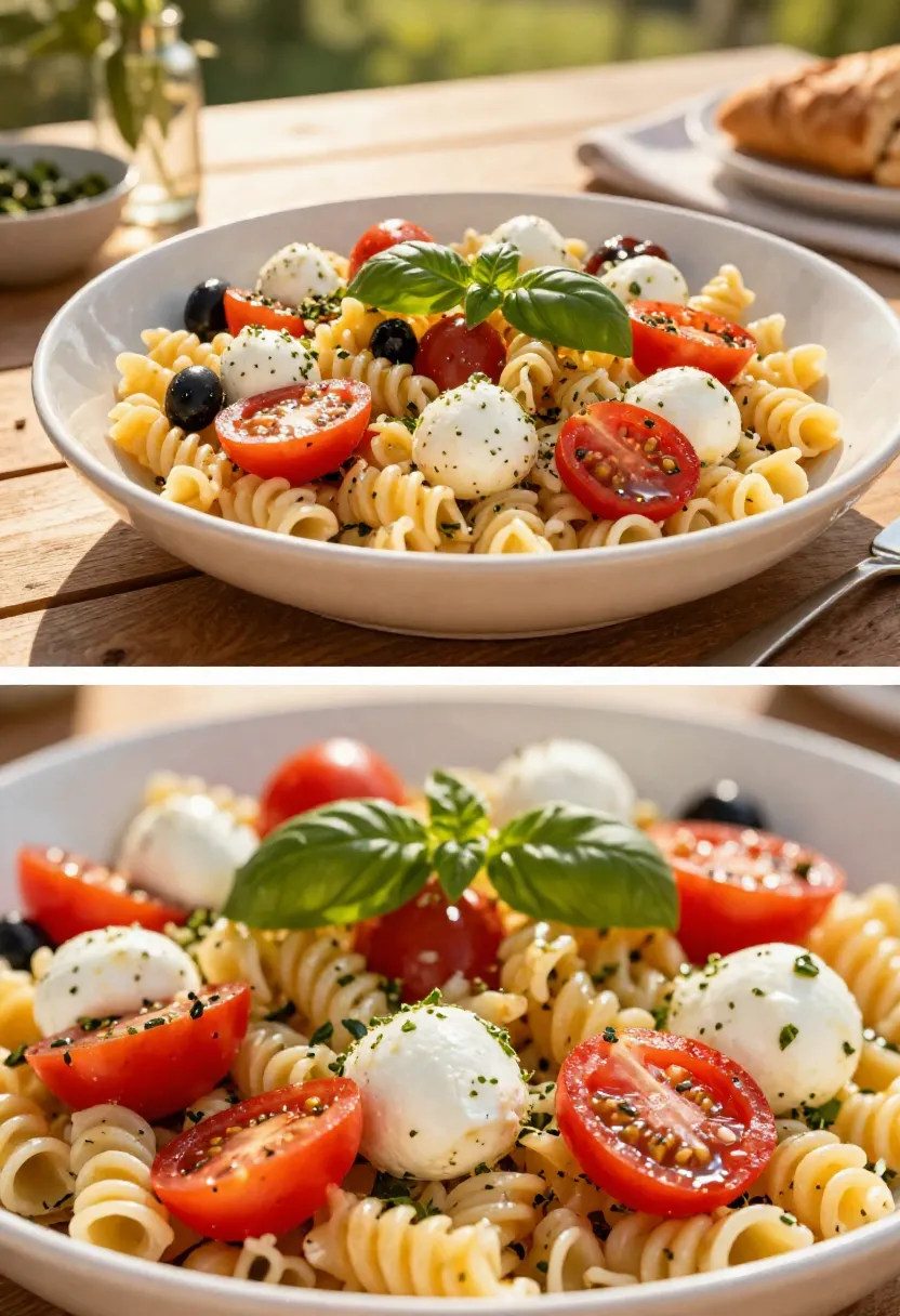 Two-frame collage featuring a fresh pizza pasta salad with mozzarella, tomatoes, basil, and Italian-inspired flavors in a bright summer setting.