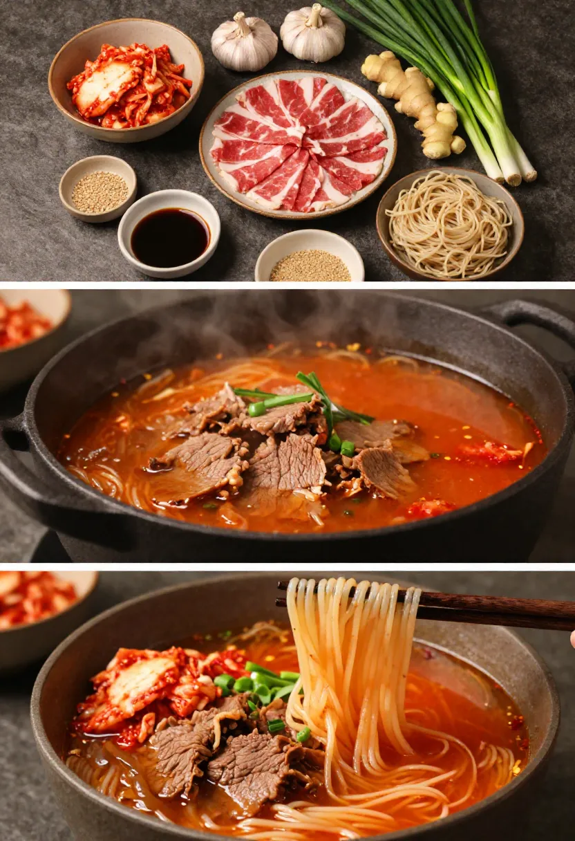 Three-panel collage featuring the key ingredients and flavor-building process of homemade kimchi beef noodle soup.