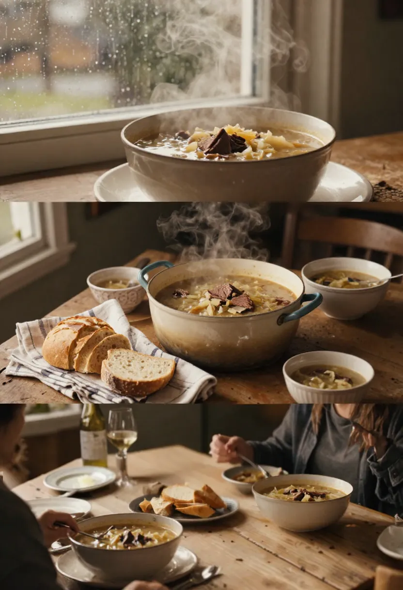 Seasonal scene featuring corned beef and cabbage soup enjoyed on a cozy rainy day, highlighting comfort, tradition, and cold-weather dining.