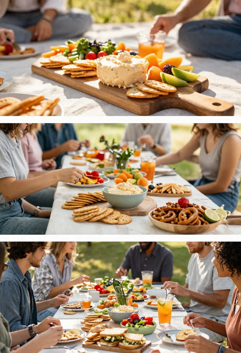 Outdoor picnic with friends around a long table, featuring cheese, crackers, fruit, and sunny drinks.
