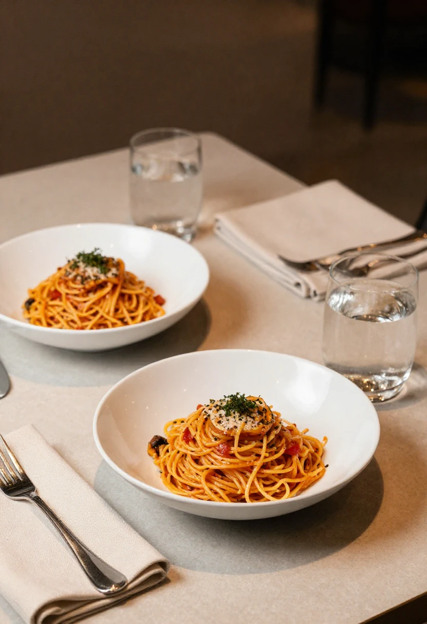 Two bowls of spaghetti served neatly at a relaxed restaurant table.