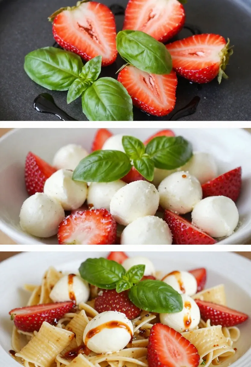 Three-panel collage showing strawberries, mozzarella, basil, and pasta coming together in a fresh strawberry caprese pasta salad.