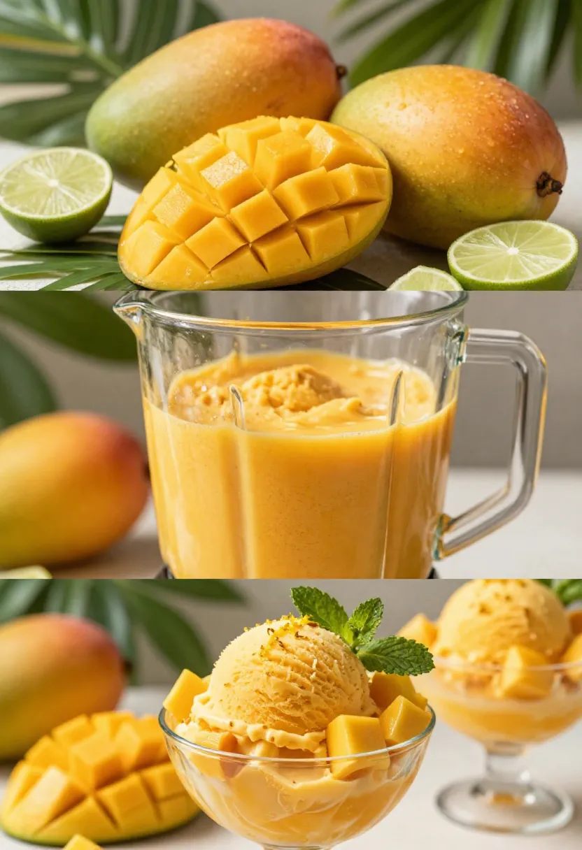 Three-scene collage showing ripe mangoes, smooth mango purée, and vibrant mango sorbet highlighting the fruit's role in the dessert.