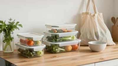 Sustainable food storage setup with glass containers, fresh produce, herbs, and reusable kitchen items.