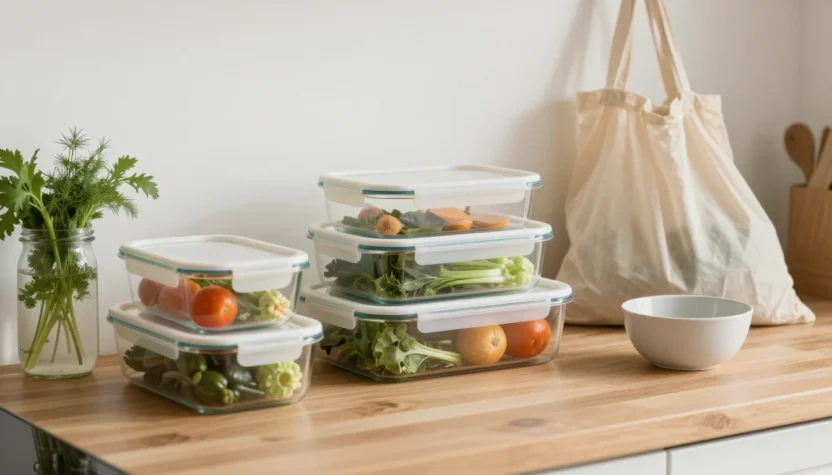 Sustainable food storage setup with glass containers, fresh produce, herbs, and reusable kitchen items.