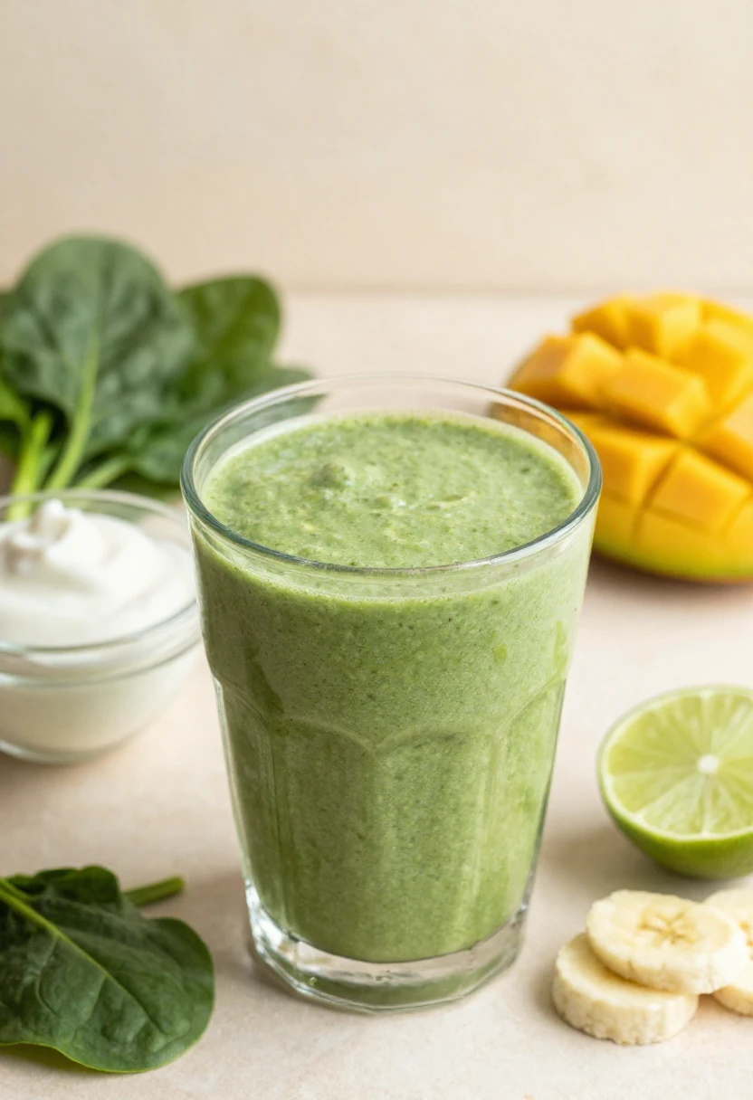 Creamy spinach smoothie with banana, mango, lime, and yogurt.