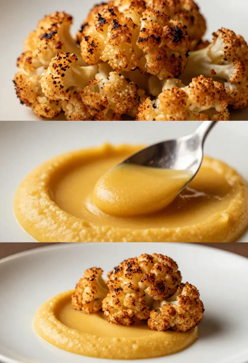 Roasted cauliflower florets with charred edges arranged on a smooth yellow dipping sauce pool on a plate.