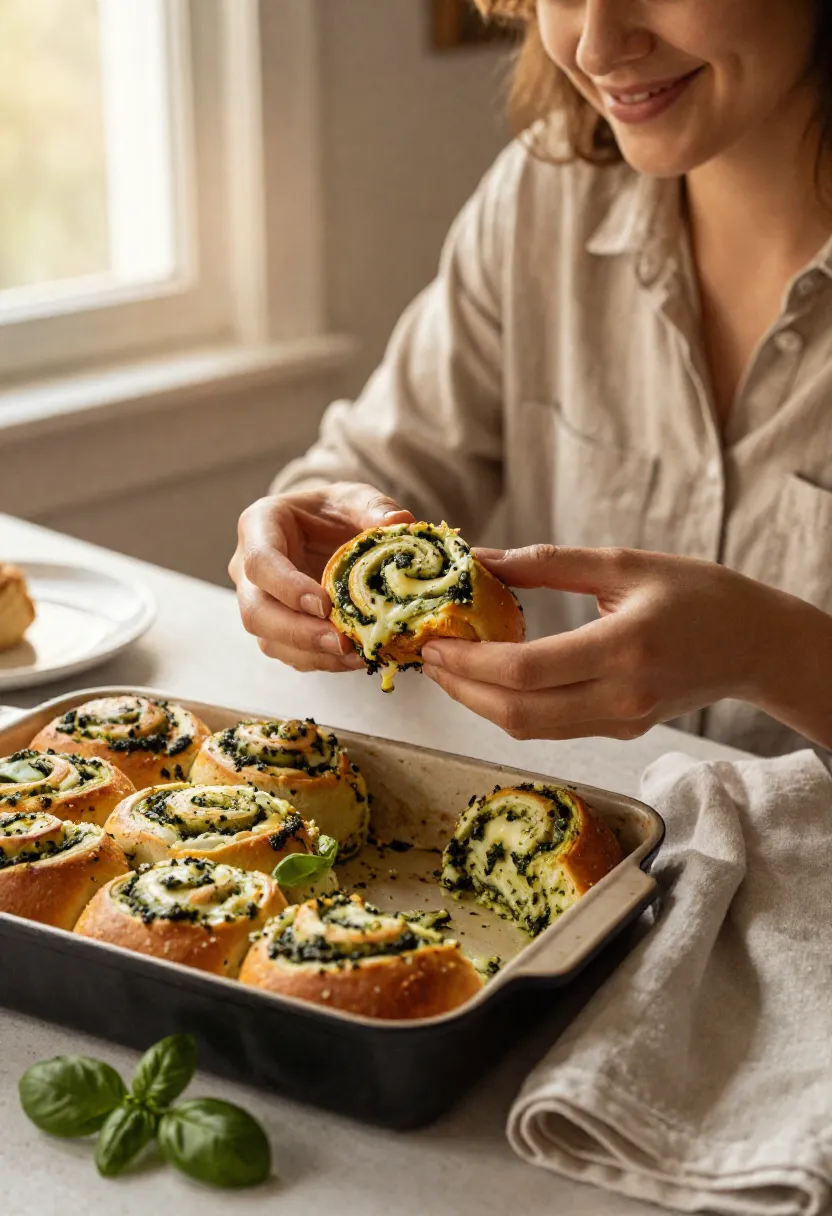 Person enjoying a warm cheesy pesto roll while sitting at a cozy table with freshly baked rolls nearby.