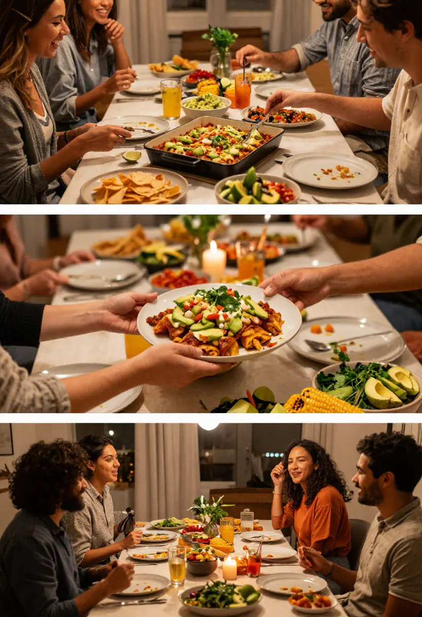 Three-frame collage showing a relaxed dinner gathering with crab avocado enchiladas, colorful toppings, shared dishes, drinks, and friends enjoying a casual evening meal.