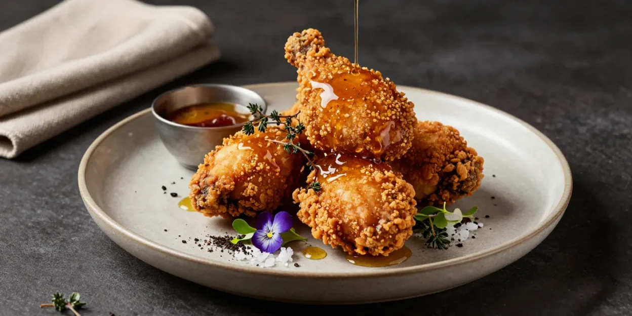 Truffle honey fried chicken with a crispy golden crust, fresh herbs, and a glossy honey drizzle.